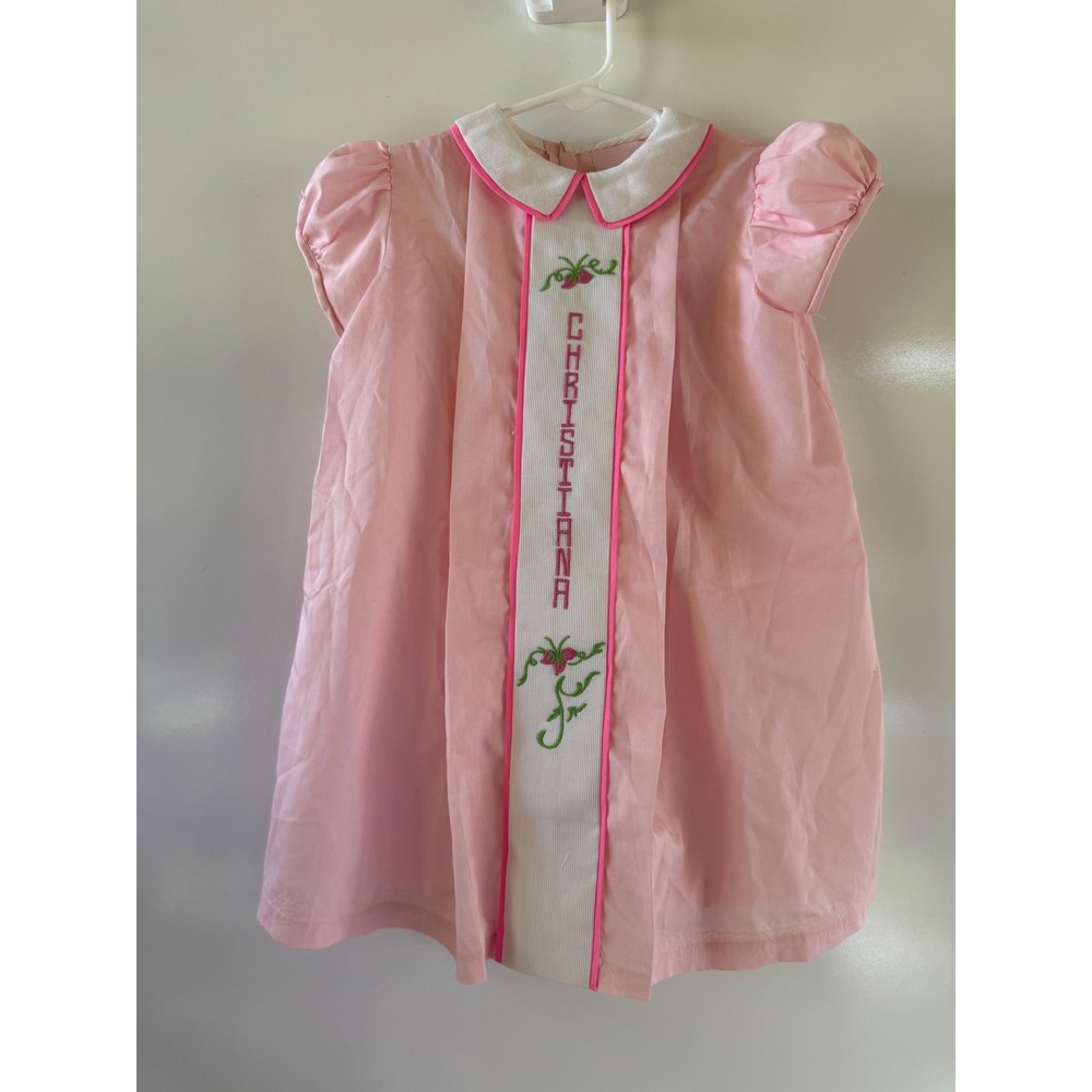 Handmade Pink Christiana Embroidered Baby Dress Peter Pan Collar Vintage Style